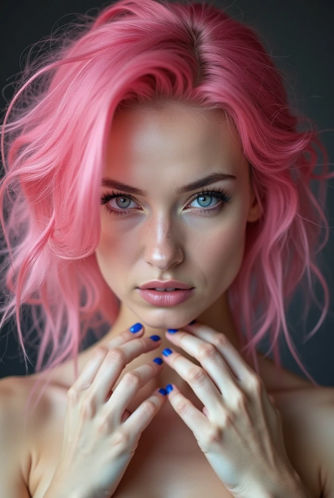 Very beautiful sexy blonde masterpiece, pink hair, blue eyes, expressive eyes, Detailed skin, realistic skin texture, texture, detailed eyes,  beautiful woman, no bra, wide, pink lace panties,