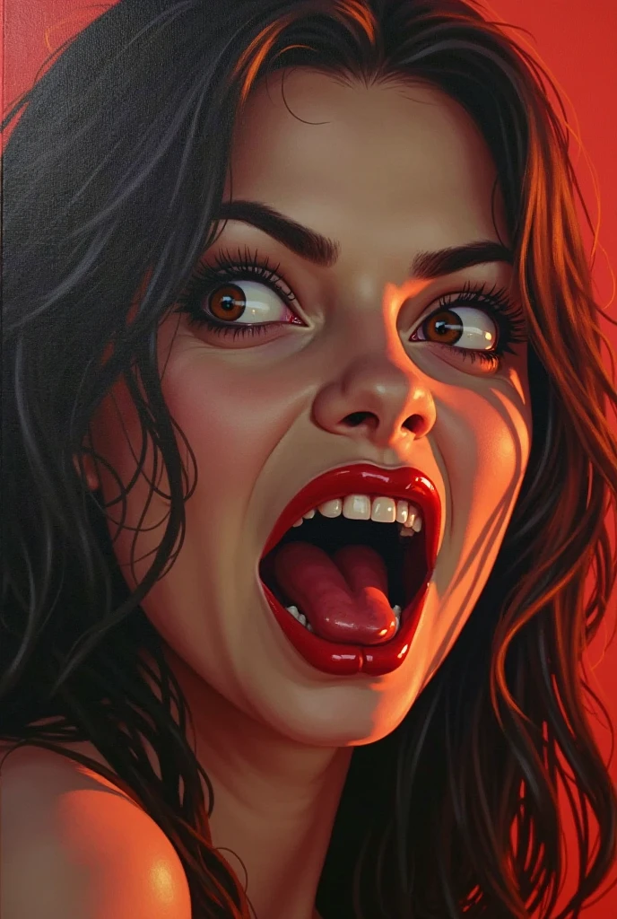 hungry vampire girl, bloody teeth and lips, Warren Publishing style, vintage horror comics aesthetic, vivid lurid colors, Frank Frazetta, Moebius, Bernie Wrightson, stark contrast, bold lines, detailed, intricate, HD, 8x
