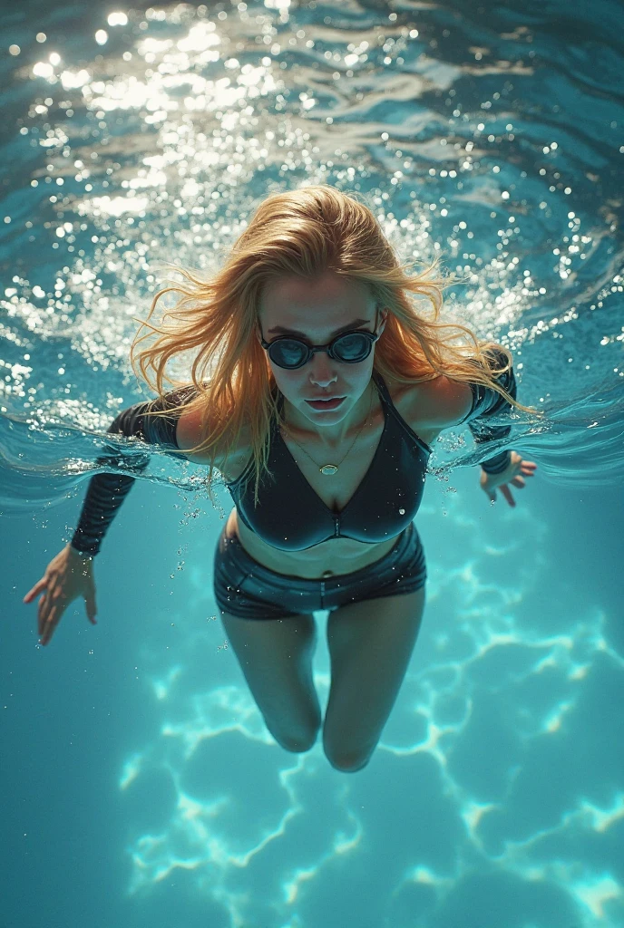 Pool, Woman half out of the water, blonde hair, ponytail, sunglasses, aqua eyes, full blush, nose blush, covering mouth, crystal earrings, partially underwater shot, macro photo, from below, reflection light, anaglyph, Verism, UHD, high details, best quality, 1080P, HD, 16k, highres