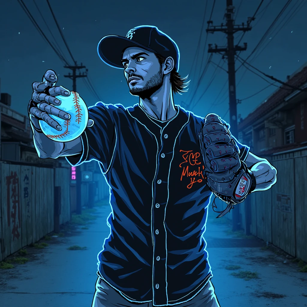 masterpiece, best quality, absurdres, science fiction, human male, blue glowing eyes, anime, depth of field, bokeh, <lora:add_detail:1.5> cowboy shot, holding cigarette, baseball cap, holding baseball bat,