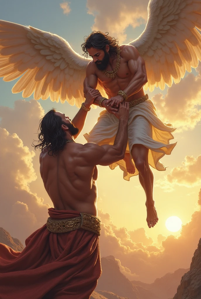 imageio: "Jacob Lutando com o angel"
Crie uma cena dramática e intensa de Jacob lutando com um anjo em uma batalha física e espiritual. The image should capture the pivotal moment of the struggle during the night, with the dark sky and only the soft light of dawn beginning to appear in the background.
detaileds:
Personagens:
Jacob: A strong and determined man, clad in simple, worn clothes, showing signs of exertion and pain. His expression should reflect a blend of determination and agony.
angel: A towering celestial being, with majestic wings and a soft aura of light emanating from him. The angel should have a posture of strength, but also an expression of compassion and wisdom.
Action:
Jacob e o anjo estão em uma luta física, with tense muscles and the fighting stance suggesting a fierce clash.
O anjo deve estar tocando a coxa de Jacob, moving it, with a visible light at the point of contact, symbolizing transformation and pain.
enviroment:
The setting should be a deserted area or a mountainous landscape, escura e sombria, with a touch of luminosity on the horizon, Suggesting the arrival of dawn.
Add elements of dust or fog to intensify the feeling of struggle and tension.
styled:
Opt for a realistic style with dramatic details, like contrasting lighting and strong emotional expressions, to highlight the internal and external conflict of the scene.