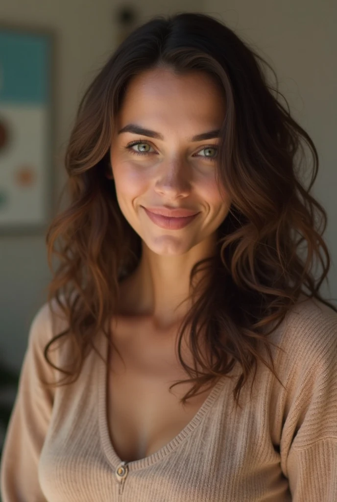 Photo réaliste, ultra détaillée, femme brune, assise sur une chaise, regard face a la caméra et symetrique, atmosphere calme et joyeuse, tenue classique
