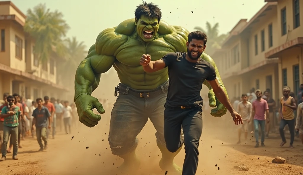 Capture the explosive moment as the incredibly hulk burst out of the rubble at the shock of a young, dark-skinned man wearing glasses, dressed in a crisp white windbreaker hoodie, who holds a katana while running on to the remains of a building turned to rubble by an explosion. This RAW masterpiece showcases an ultra-high resolution, photorealistic full-body portrait, illuminated by the warm glow of sunlight. The scene is rendered in the captivating style of mecha sci-fi anime, boasting an impressive 8K resolution for the best quality imagery. Crafted with Unreal Engine 1.4, this piece features ultra-realistic 64K CG, skin texture at 1.4, and volumetric fog to add depth and atmosphere. The details are further enhanced with 8K UHD, DSLR quality, film grain, and the artistic touch of lomography. The result is a stunning blend of high-quality visuals, translucent effects, and photorealism that truly captivates the viewer.
