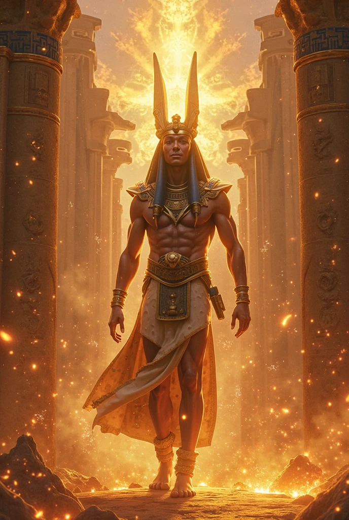 Design an image of Atum from Egyptian mythology overseeing the creation of life. Atum is depicted as a powerful, majestic figure, standing on the primordial mound with a golden ankh in one hand and a staff in the other. He is surrounded by symbols of life and creation, such as the scarab beetle, lotus flowers, and the sun. The background is a vibrant scene of the Nile River, with life flourishing around it, including animals, plants, and people. Use masterpiece, best quality, CG, wallpaper, HDR, high quality, ultra detailed face, cinematic, high detail, 8k, raw, high, artstation HQ, unreal engine, octane renderer, 4k resolution, hyperrealistic, highly detailed, and absurdres settings