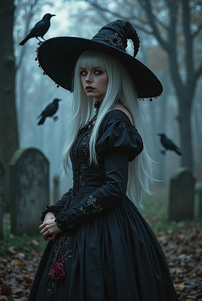 female sexy vampire|albino, pale porcelain skin, sexy vintage black dress, smile, shallow depth of field, grin|creepy, nightfall, detailed face, night, wide hips, narrow waist, portrait of woman standing, detailed eyes, portrait of woman standing, 8k RAW photo, highest quality, looking at the viewer, best shadow, intricate details, long hair, bright eyes, forest, grave, gothic, goth detailed, highres, high qualilty, high saturation
