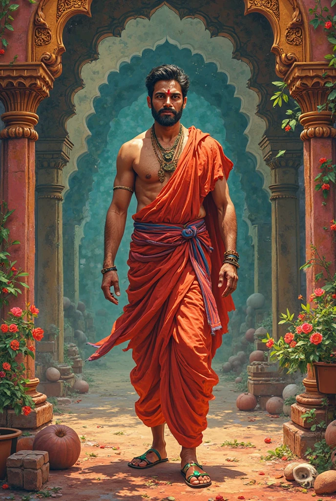 indian chola king entering inside An intimate animated library scene with a warm, fire torch glow, palace, highlighting ancient manuscripts and cultural artifacts, evoking a sense of exploration and cultural richness.