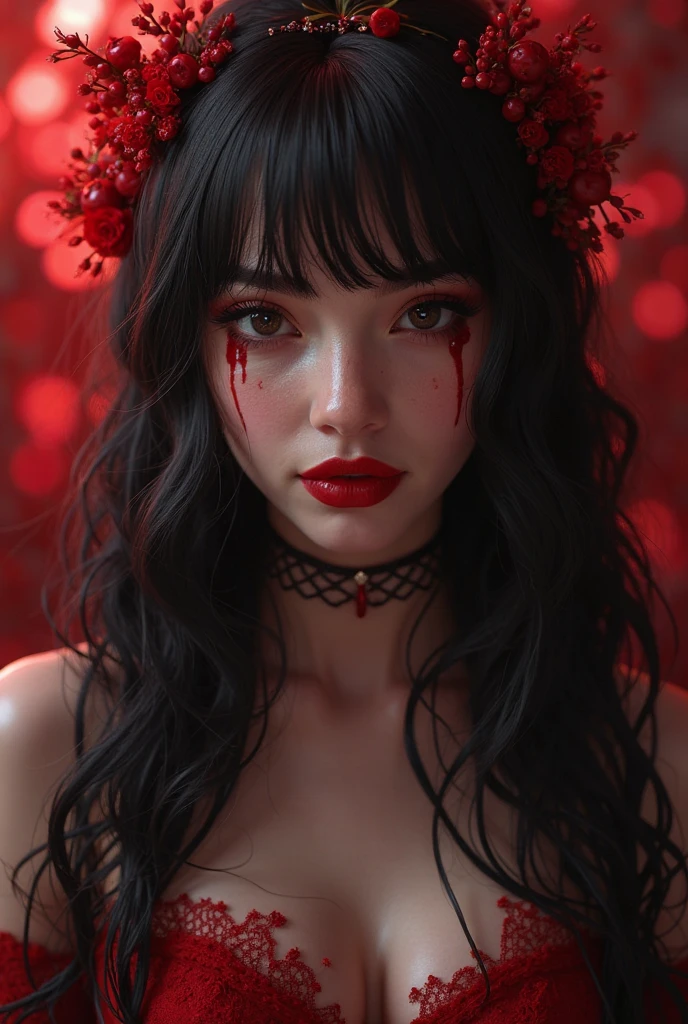 Make an image of Maria Padilha of the souls, using red and black, with a rose in her straight black hair
