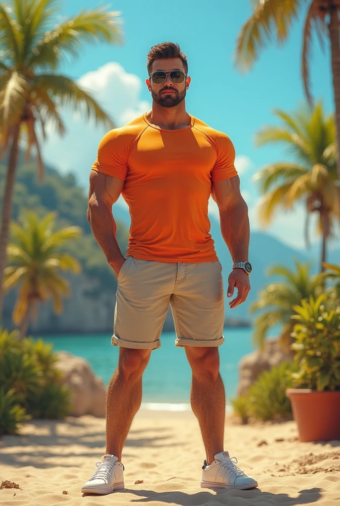 Realistic pilipino bou wearing a no shirt white cargo pants The background is is resort .