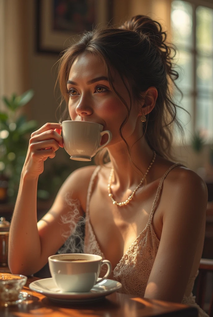 ((Best Quality)), ((masterpiece)), (detailed), beautiful girl drinking coffee (Starbucks) in French cafeteria