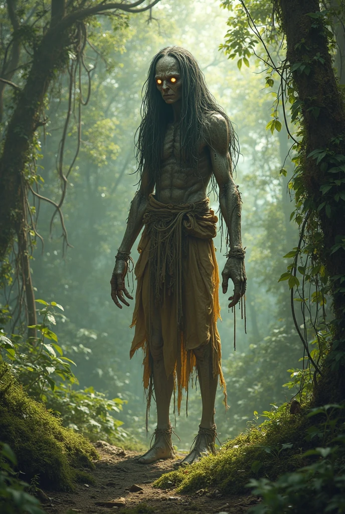 Make a man in the forest hanging from a tree naked