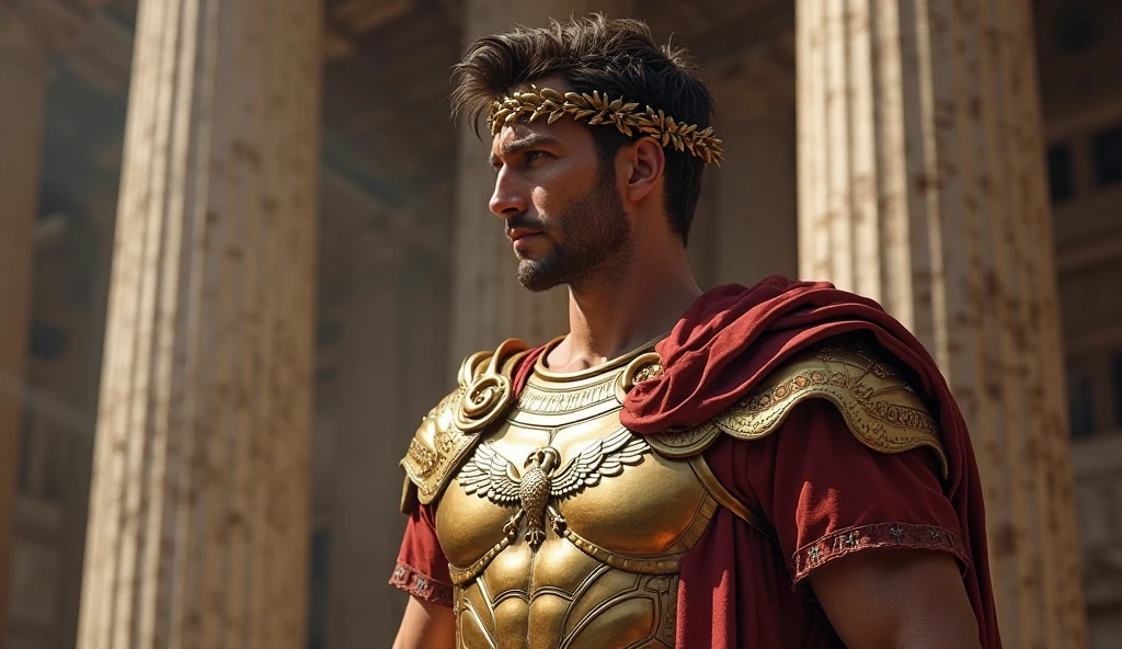 (best quality,4k,8k,highres,masterpiece:1.2),ultra-detailed,(realistic,photorealistic,photo-realistic:1.37)A young man, Alexander, wearing golden crown, standing in the market place surrounded by his 3 guard, realistic greek style