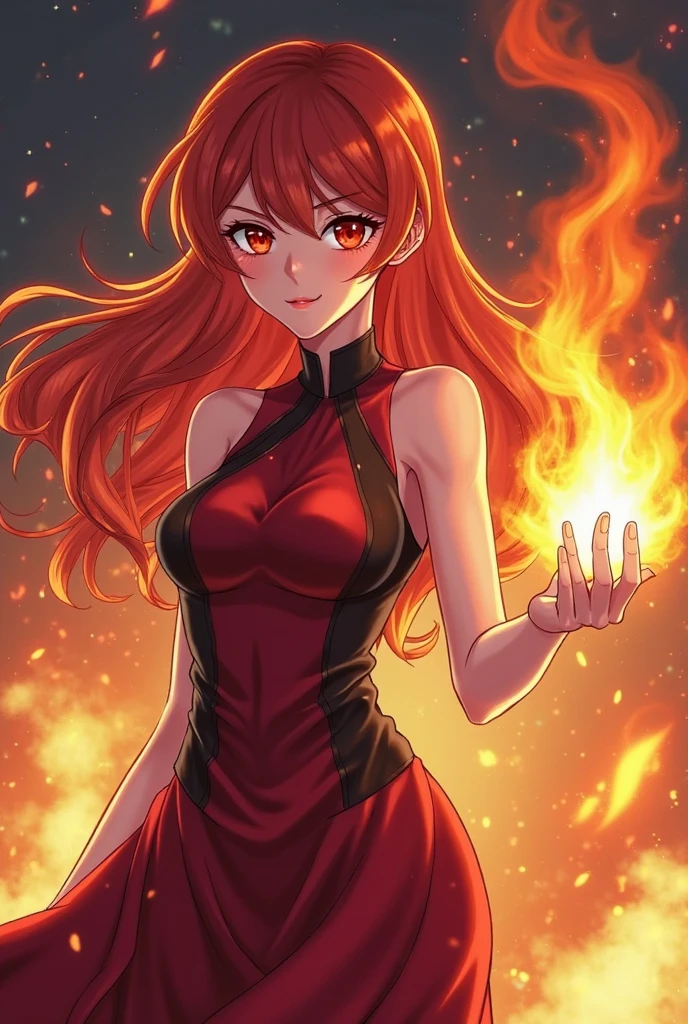 1 girl,red hairs, yellow eyes, red dress, cutout, belly cutout, side cutout, revealing dress