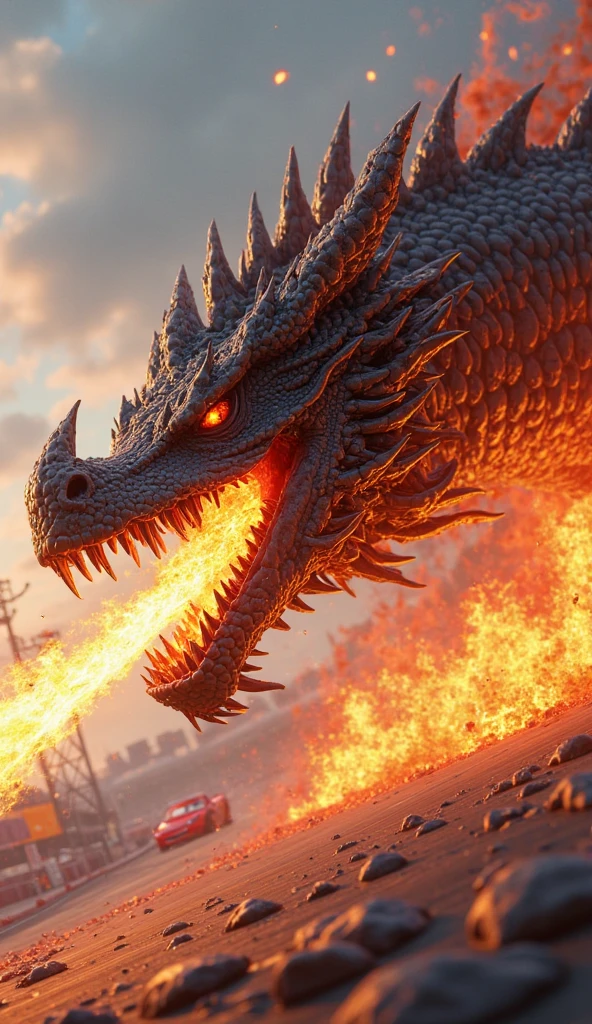 A huge fire dragon opened its mouth and breathed out flames，Wherever the breath passes, it turns into charcoal