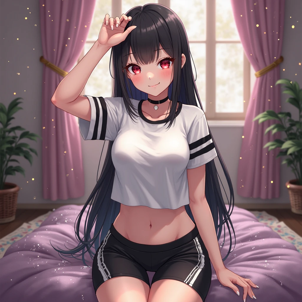 living elementary school girl 8-year-old flat chest black hair long hair eyes are purple ((1 person)) Baggy white T-shirt on the upper body lower body white panties((White panties are visible)) barefoot sitting on the sofa I can see white panties dynamic angle Low angle from the front