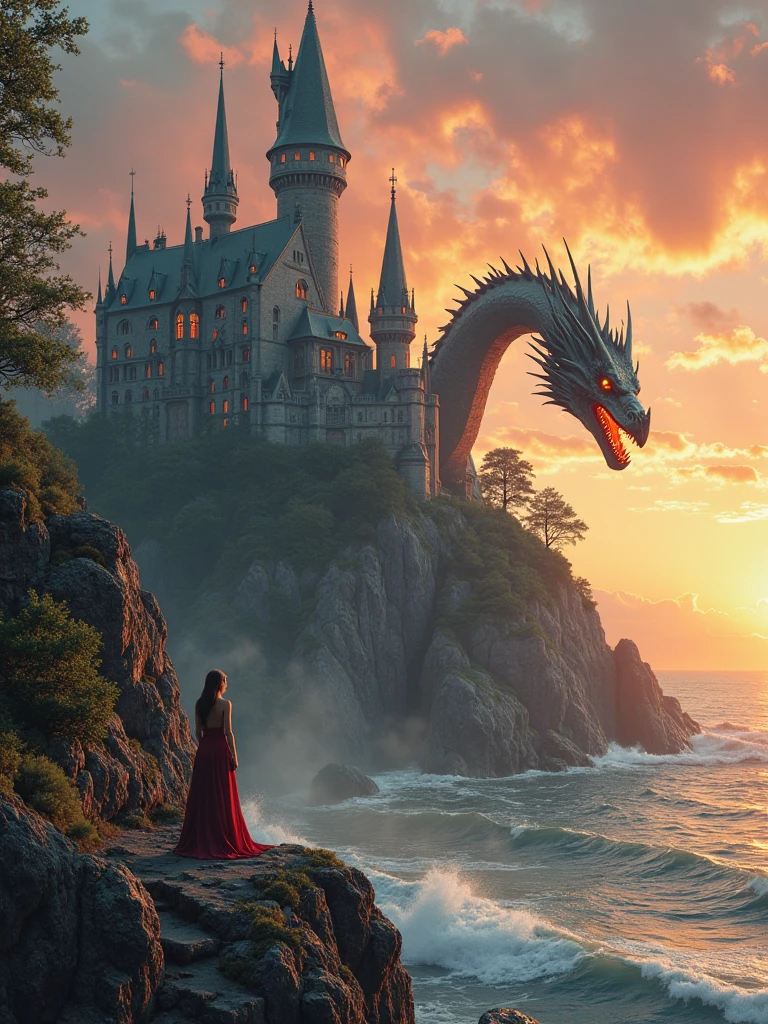 A majestic fantasy castle perched atop a rugged cliff overlooking a ...