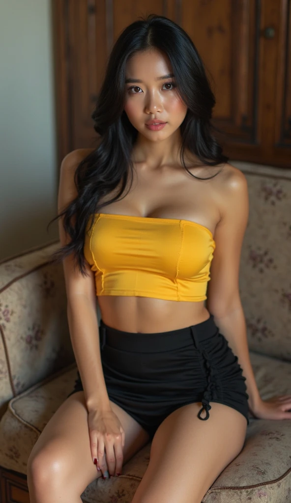 Half body photo of a sensually sexy mature 23 year old pretty dark blonde mixed malay girl, sexy damp, nice clevelage , waist up pose , upper knees pose , full face (you look sexy:1.3), freckles, detailed face, detailed skin, (tight crop mini blouse with mini short panties , beautiful body, round brown eyes, black eyeliner, sensual lips, sensually sexy Suggestive pose