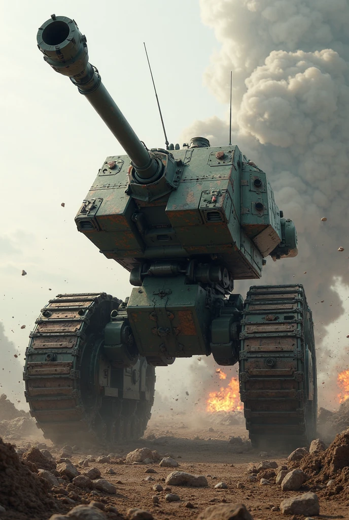 A huge massacre weapon consisting of a Colt-type pistol base and a caterpillar tank attached to it runs across the battlefield, spraying fire from its muzzle.、Explosion and destruction、Blow away enemy camp、Pistol-type armored vehicle、