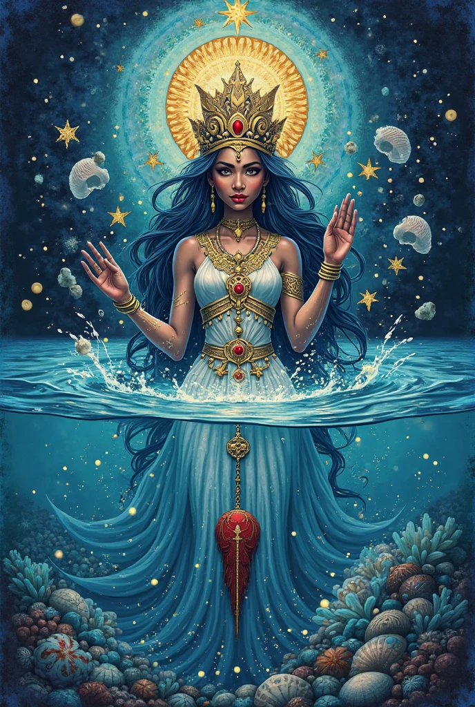an Amazon woman holds in her hands a huge glowing PISCES zodiac sign, black background, neon illumination, bulge, crowding, metallic luster, scale, digital studio, starry scattering, flickering, darkened lighting, many details