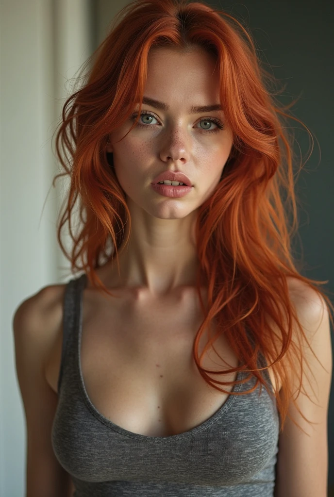there is a woman with red hair and a bra top on, highly realistic. live cam, sexy look at the camera, she is facing the camera, soft portrait shot 8 k, sweaty 4 k, showing her face, smooth red skin, full pov, shy looking down, cute young redhead girl, close up to a skinny, redhead girl, redhead