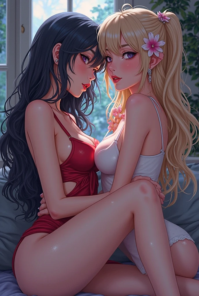 Best quality,Amazing,Masterpiece,Delicate,超高分辨率,Ultra detailed,intricately details,Beautiful detailed,8K resolution,(Extremely detailed Cg Unity 8K wallpaper),Sharp focus,((No text)),breast conscious,gigantic cleavage breasts,Areola Slip,Covered,Bursting breasts,Lively breasts,framed breasts,High transparency and transparency of dropped tulle bikini，，Tongue stock,Makeup,Happy,Reflectors,ahegao,Pink eyes,Heart earrings,2girls,Female pervert,view the viewer,hair flower,Long hair,multicolored hair,Shiny hair,Barefoot,Bottomless,Thick thighs,Bare legs,Look at each other from the front、((Feminine kiss))、(((French kiss for women)))、Women hugging each other，As if pushing each other、Staring at each other、Moist eyes、half-open lips、Beautiful、Red blush(0.2)、Functional、seductiv、Trance、instigate、Beauty、bustup、Shunguang、、Shoot diagonally down from the front、precise drawing、Detailed drawing、Precise anatomy、