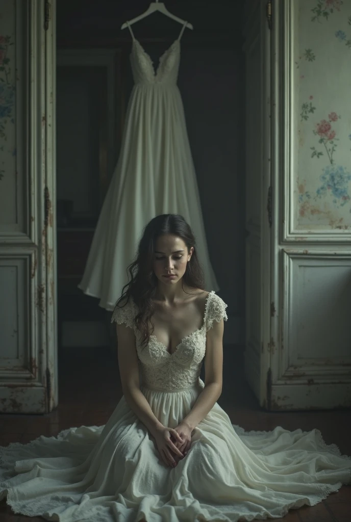 An old and scary mansion, a scary corpse dressed as a bride, an image that conveys terror and fear