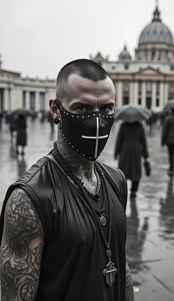 25 year old guy with Hannibal Lecter's muzzle, black cross necklace, classic metalhead style, jaw length hair, robust and somewhat stout