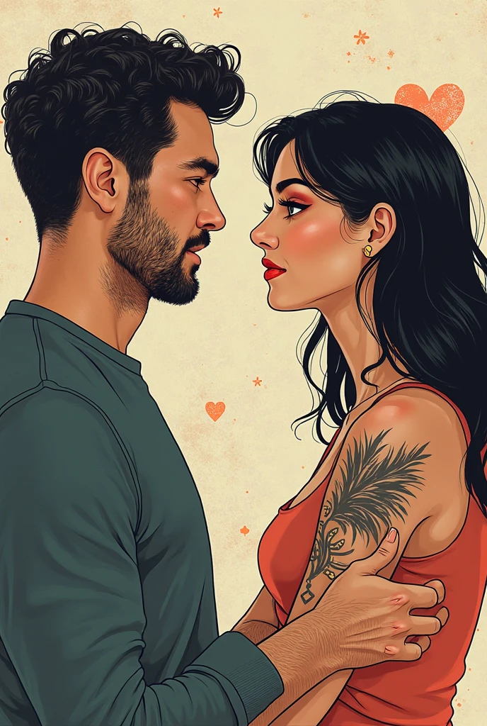 a close up of a young afroamerican man and beautiful Latin woman with dark skin chocolate color eyes looking at viewer emerald green color, seductive big body balanced , perfect beauty, long silky hair with waves embracing each other, intimate holding close, man and woman in love, engagement ring ads, by Emma Andijewska, by Matt Cavotta, hand on his cheek, couple pose, couples portrait, arm around her neck, couple portrait, man and woman, lovely couple, holding each other hands