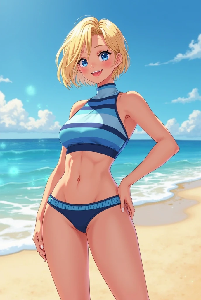 Short, curvy, blonde, dark blue eyes, hair up, String bikini, cabin, lake, pine trees, laughing, pulling bikini to side