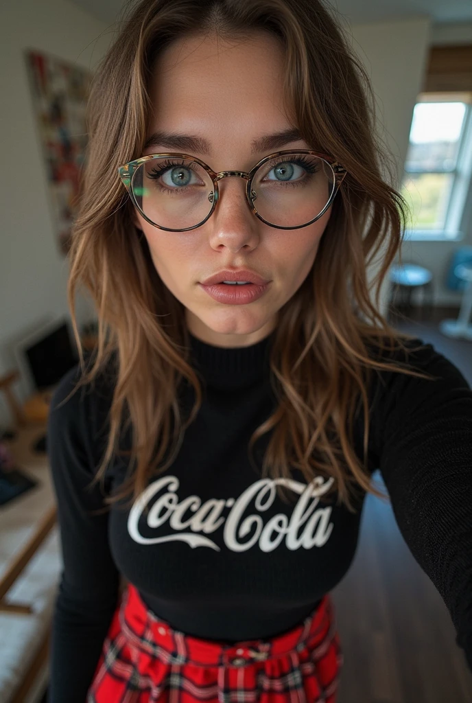 Sexy Velma from Scooby Doo with big tits and square glasses wearing a tight orange turtleneck sweater, mischievous, horny, neckline, in a haunted house, athletic and fit body, mischievous, perfect hands, Detailed hands, Perfect eyes, detailed eyes, flirtatious, sexy, mischievous, big happy , realist, HdR, HD, dynamic