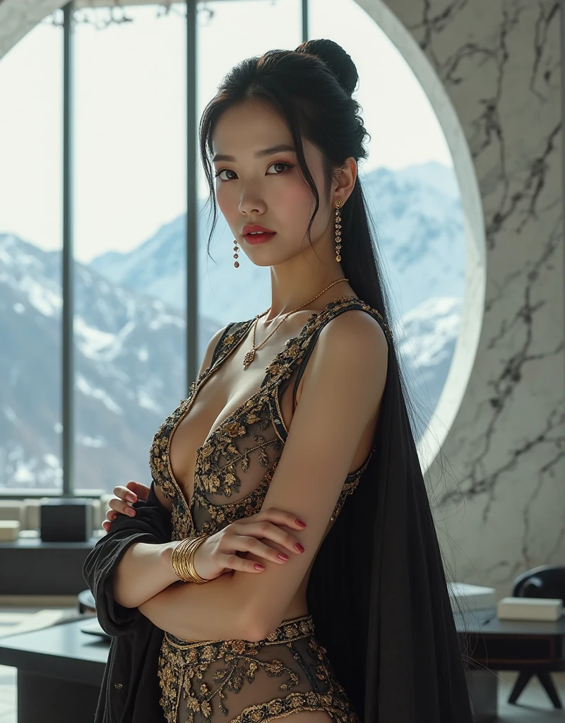 beautiful chic business woman, stately, stately chinese woman, elegant sheer gown, red form fitting dress, long sleeve dress, black pencil skirt, deep v, delicate gold necklace, delicate gold body chains, chic and stylish, stately and mature, powerful executive, delicate bangle, wearing a short cape, busty, beautiful woman, cold lighting, asian woman, cleavage, short cape, gold chain embroidery, brutalist white marble room, gold buckles and chains, bay window, snowy mountain peaks outside, slutty and kinky, body chains, portrait, portrait of a beautiful woman, mountains visible through window, small warm fireplace, bay window, ebony furniture, beautiful and powerful chinese woman, delicate body chains, confident and powerful, gold necklace, seductive and confident, pale skin, brutalist superstructure, vast brutalist room, ((lots of jewelry and chains)), cleavage, black hair, in front of skyline, busty, confident and powerful, stately outfit, slutty dominatrix, snowy brutal mountains outside,

