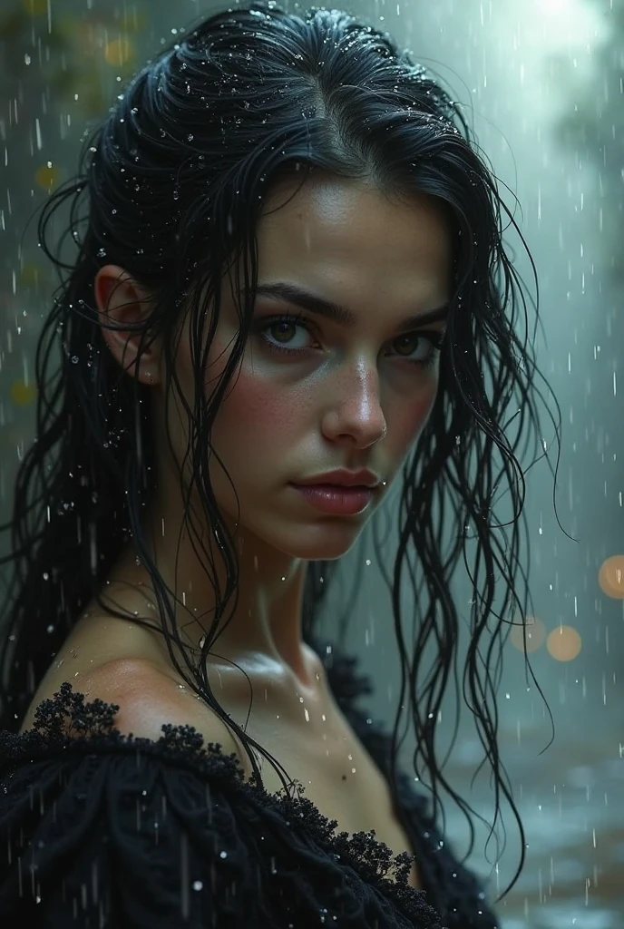a woman with wet hair combed back, wet skin, bold fashion makeup, water drops, extremely detailed skin texture, vignette, grainy texture, old photo, vintage colors, shot by Mschiffer