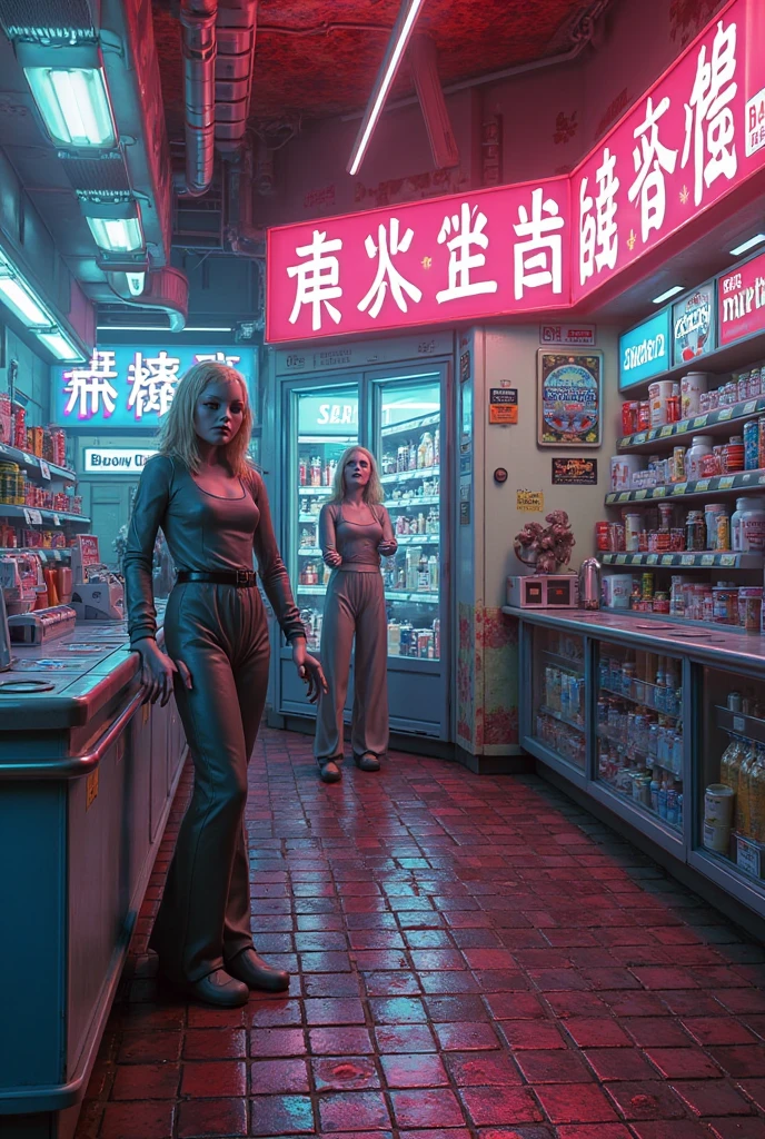 Analog photo of a young blonde woman with cyberpunk hair., (((big tits))) in a 1950s Korean bar, ((green and red neon lights)), (((((haute couture clothing in the style of Alexander McQueen))))), Super model, sexy model poses, masterpiece, eye height, Kodak Fun Saver, Door 160, 20mm, bokeh, in the style of Nan Goldin, textured, afflicted, ((ancient)), keyed up, noisy, high contrast, ((Bad framing))