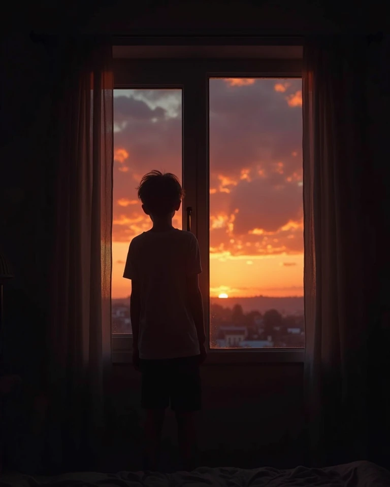 Background of a boy in his room next to the window with the sunset