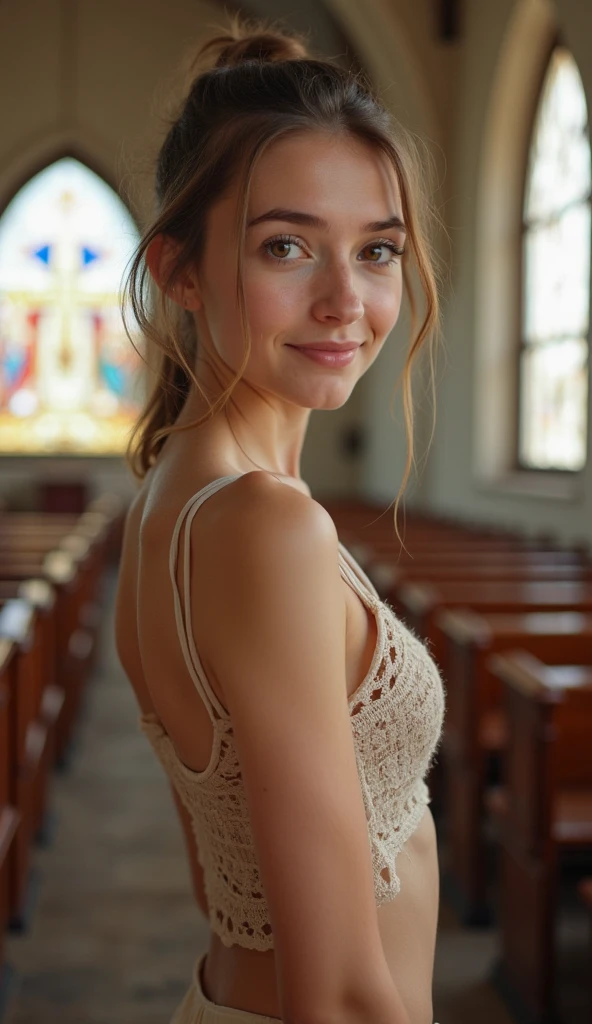 a young 18-years-old brunette very tanned girl completly nude, open long side parting hair, in a church, white teeth, big , nude