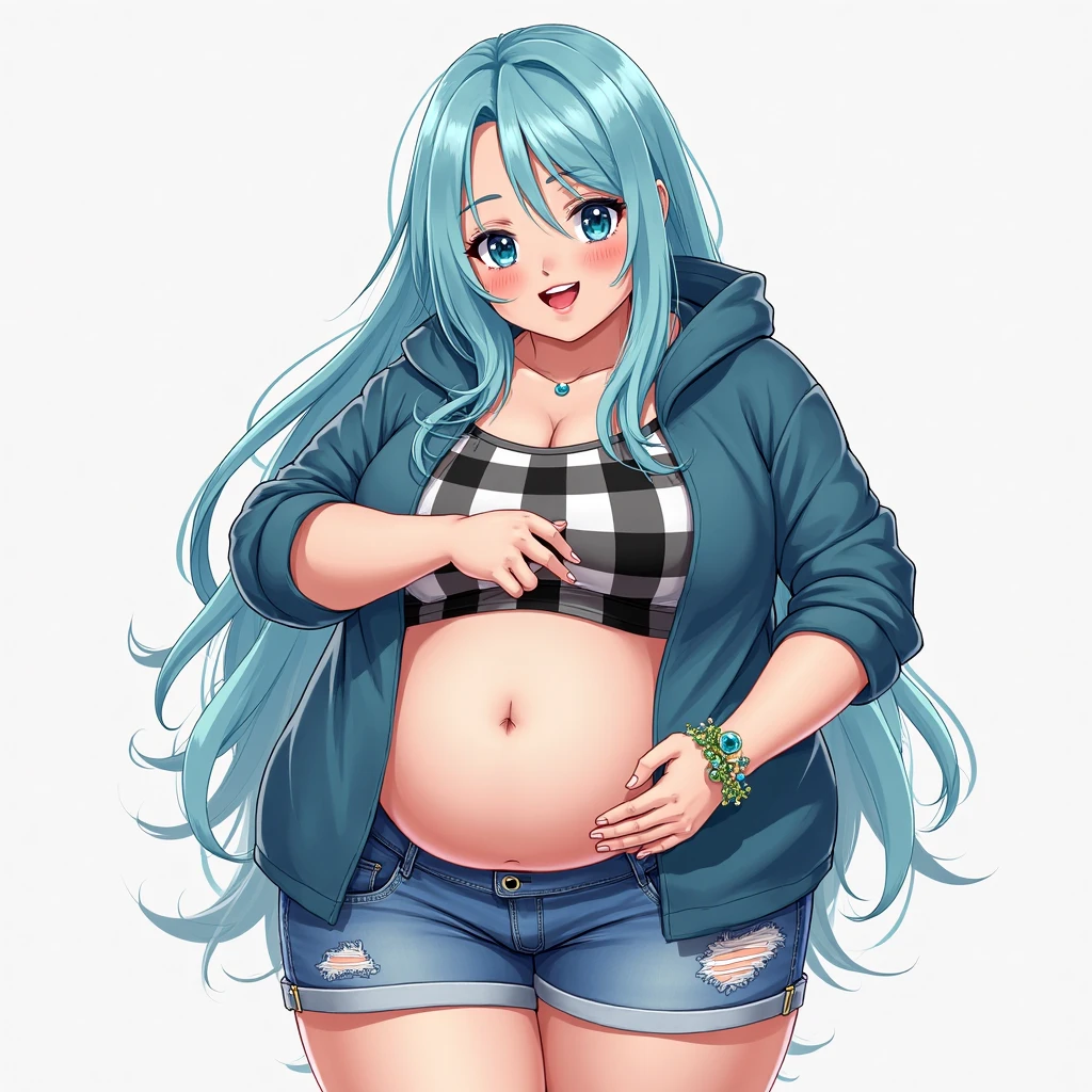 (Very high quality, detailed) A full body image of a pregnant girl wearing a sports bra, very thight shorts and glasses, she's standing barefoot and has very big breasts, long hair and a pretty thick body. She has her hands on her belly and her belly is uncovered