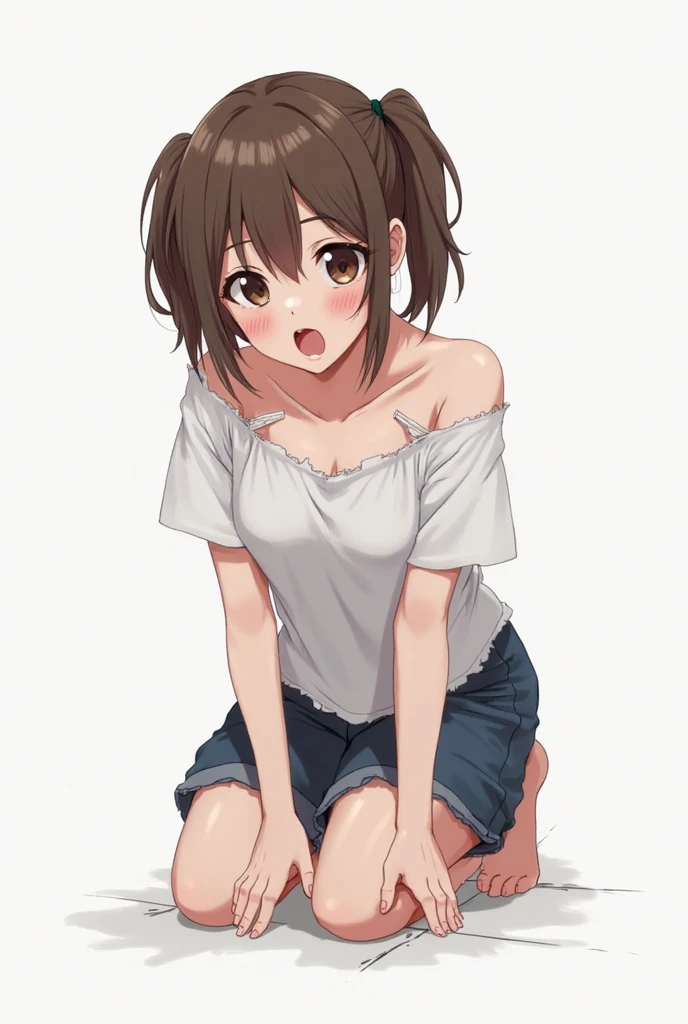 ((masterpiece)), (anime:1.3), ((Highest quality)), (RAW Photos:1.2), (Professional photography:1.3), (High resolution), (12 years old), 8K, Cinema Lighting, Disheveled Hair, (Exposed small breasts), Denim hot pants,(Pure white glossy hair),(Short hair with outward curls:1.3) ,(Healthy dark skin),A badly tattered and torn camisole, (Dirty oversized white camisole), Slim and small breasts, (PAW Pose),(Double teeth), (Open your mouth), Textured skin, Cat ear,Fluffy dog tail ,Light brown hair, Cute beautiful girl, break, ((Highest quality)), (Sitting at the end of an old pier), Slums,