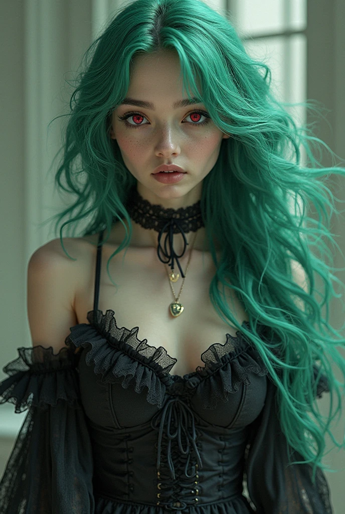 Garota vampira,com cabelo vermelho,roupas verde escuro,olhos verdes.