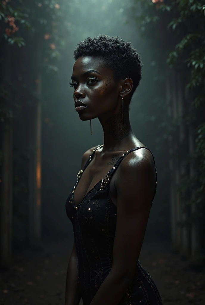 (Angry:1.3) (Happy:1.3) black, (dark skin:1.1) woman black woman, full length, whole body, white (transparent:1.2) dress, (short haircut:1.3), visible knees and feet, bottom view, standing sideways to the camera, dark forest, rain, wet body, raindrops, wet hair, low angle, george miller cinematography, wide-angle, portrait, realistic, cinematic, 8k, highly detailed, highly detailed eyes, shphotography, professional, canon camera, nikon camera, sharp, bokeh, in the forest, studio quality, color grading, by Alphonso Mucha, by Rodrigo Prieto,(by Artist Adolf Kosarek:1.3)
