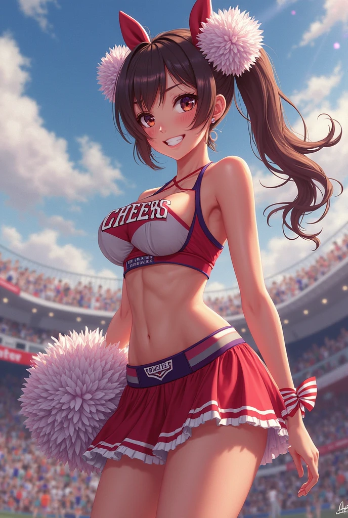 (masterpiece, Highest quality), outdoor, in the park,Mature Woman,28 talents, Brown Hair, long hair, tired hair,(Upper Body:1.3),(From below:1.5), (sealed:1.4),Ass Focus,looking at another:1.5,Open your mouth, Embarrassing ,blush,(Spread your legs:1.3),(Please put your feet up),(Camel Toe),eyeliner, lipstick, Pink Lips, Large Breasts, boots, cheerleader:1.3, Embroidered Pelvic Curtain:1.35, Side slits,Highest quality,Best image quality,Perfect Anatomy,masterpiece,Very detailed,beautiful,super high quality, Highest quality,High resolution, Very detailed,Game CG,Dutch Angle ,Beautiful attention to detail,visual,white panties,wearing cheerleader outfit holding pom poms stadium dancing posing for a photo cheering up the crowd