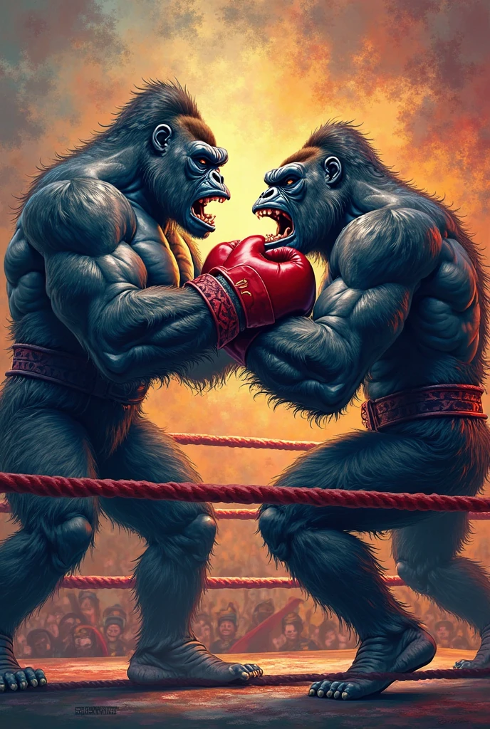 Cartoon Simian dressed like WWE tag-team wrestler Ron Simmons.

Cartoon Simian head, face, arms, and hands. Black afro, beard and mustache. Muscular. Black T-shirt, wrist tape, pants, and wrestling boots.

Cartoon Baboon dressed like WWE tag-team wrestler John Bradshaw Leifeld. 

Cartoon Baboon head, face, arms, and hands. Long black hair and mustache. Muscular. Black T-shirt, wrist tape, pants, and wrestling boots.

Both standing in a wrestling ring.