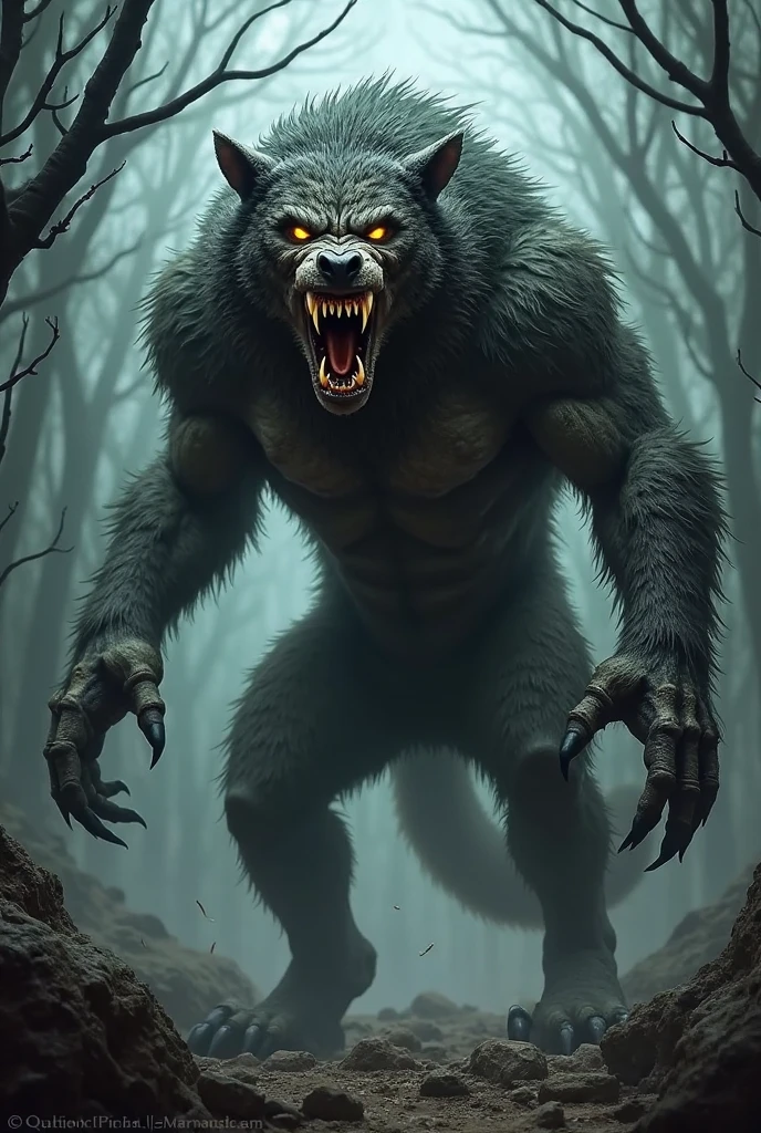 A warewolf with very big teeth and with angle