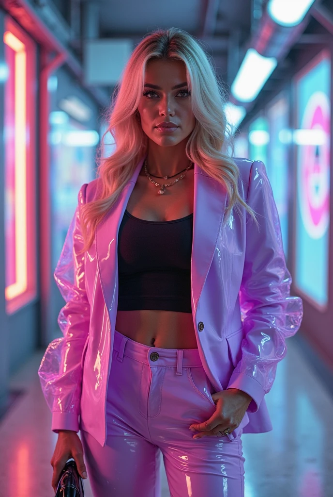 a girl in futuristic clothing posing under neon lights, in the style of photorealistic details, light silver and light magenta, dmitry kustanovich, street pop, , rtx on, selective focus --ar 3:4
