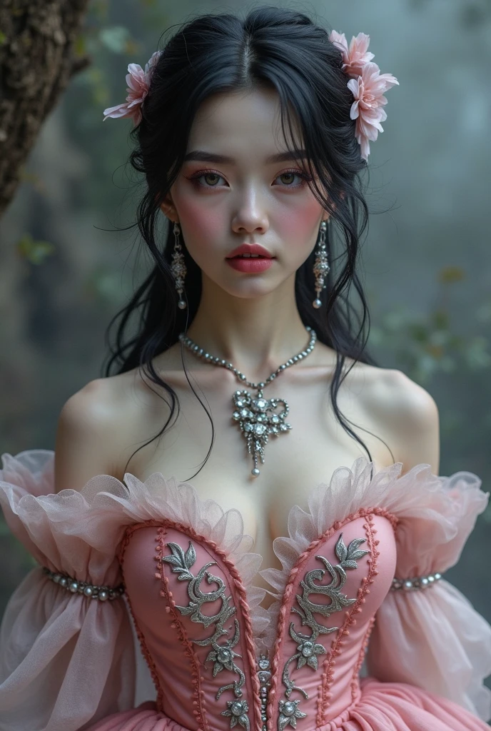 Majestic pink queen woman sitting black hair with a m