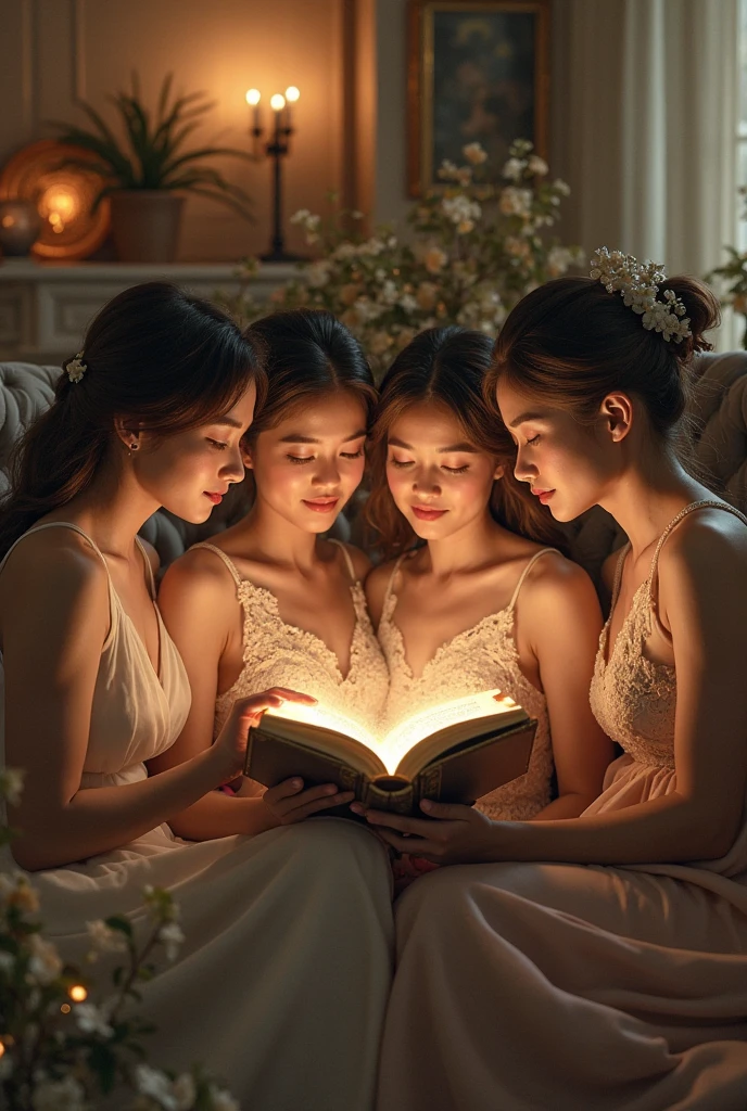 Mature mother womens,inside bikini,in home,in bed,with teen girls,in night,read book