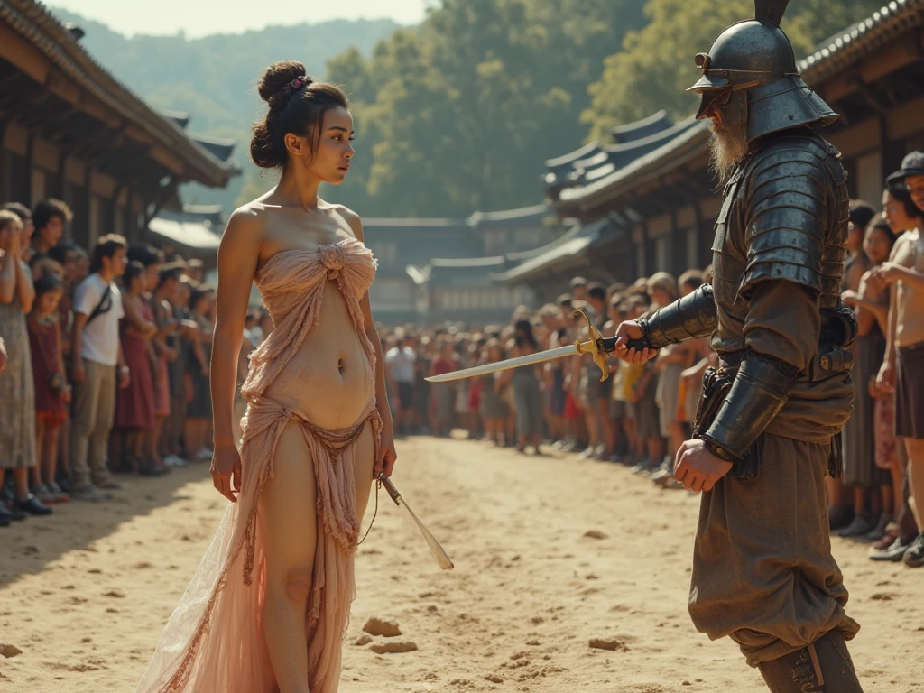 A monk hugs a sexy beauty,Beautiful woman with scared expression,There is a Taoist priest next to him,Chasing with a peach wood sword in hand,Background of ancient Chinese buildings