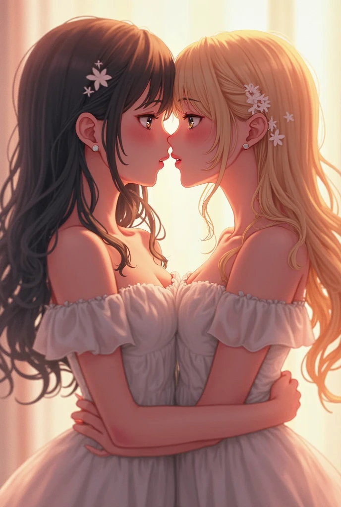 "Create a prompt for me with maximum quality: I want a scene with a brown-haired girl with curly hair embraced with a white boy with yellow hair like angel wings."
