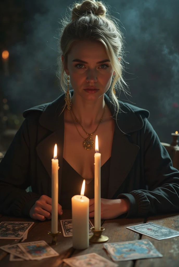 1woman, handsome girl, portrait upper body of alucardcastlevania wear court suit in bedroomgothic room, candle, looking at viewer, dim light, dark, horror \(theme\), realistic, long blonde