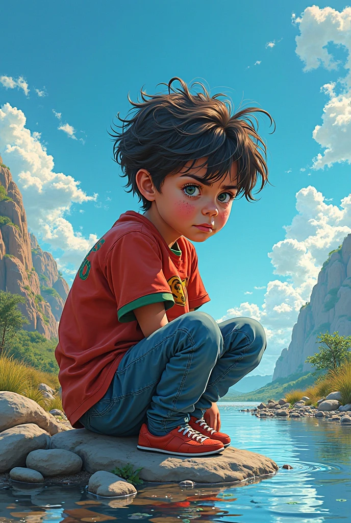 Retrato realista de um menino de três anos, Ele usa uma camisa vermelha . Your face is and exploratory . Ele sai cautelosamente para o jardim da casa, A small cat is among the bushes and he touches it cautiously ,Not facing the camera,, Hair is messy ,