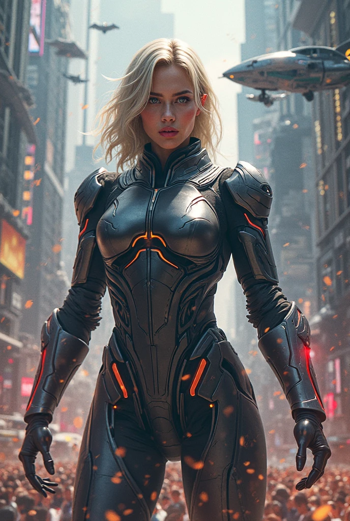 A medium shot of a beautiful cyborg girl with red eyes and blonde hair in a futuristic cityscape at night, under a big sky, Cyborg, Girl, Red eyes, Blonde hair, Futuristic cityscape, Night, Big sky, (High resolution), (Very detailed), (Hyper detailed), (Maximum texture), (Cyberpunk), (Sci-Fi), (Holographic style), (64K), (Unreal Engine), (Octane render), (CGI), (HDR), Medium Shot.