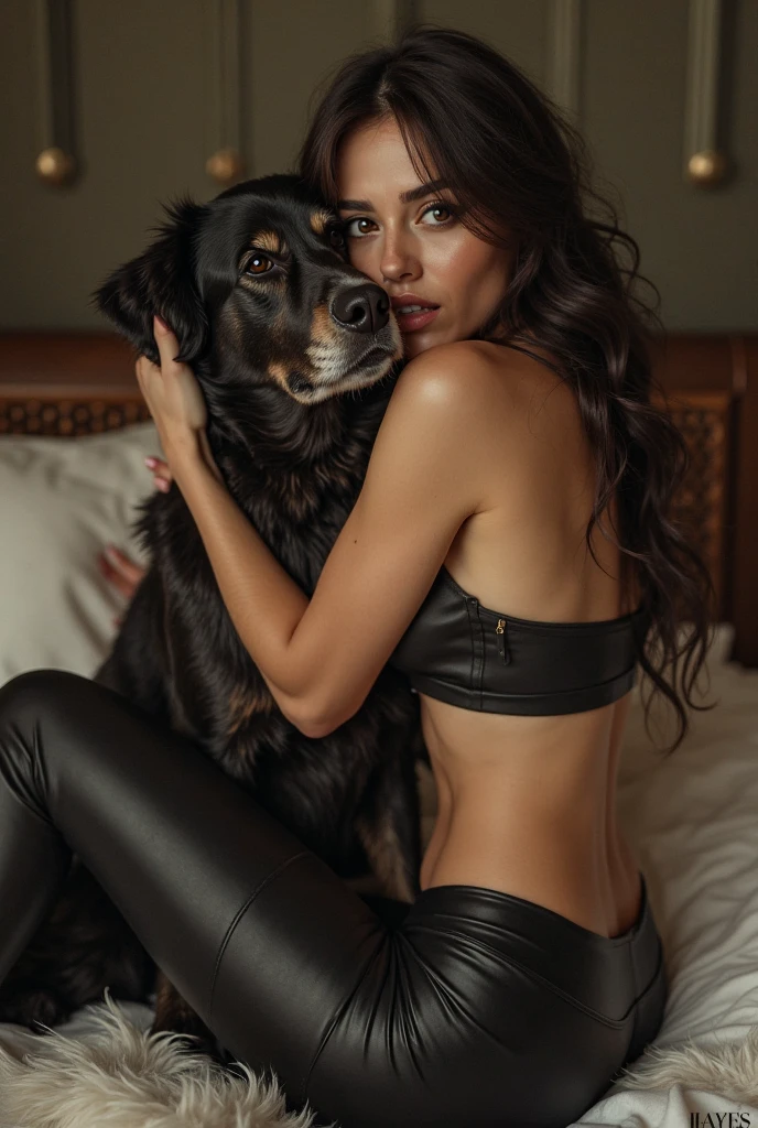 Spanish lady walking a beautiful Latina on a chain like a dog, realist, shiny skin, sexy, provocative in underwear